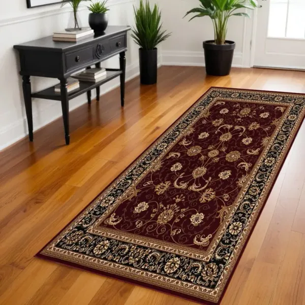 8' Runner Oriental Power Loom Runner Rug - Red And Black