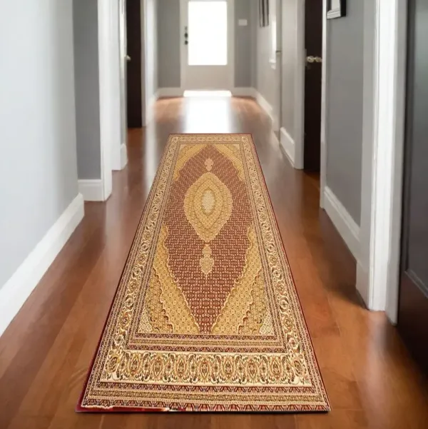 8' x 2.3' Runner Oriental Power Loom Runner Rug - Beige And Red
