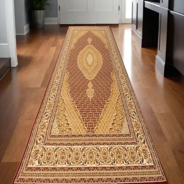 15' x 2.7' Runner Oriental Power Loom Runner Rug - Red And Beige
