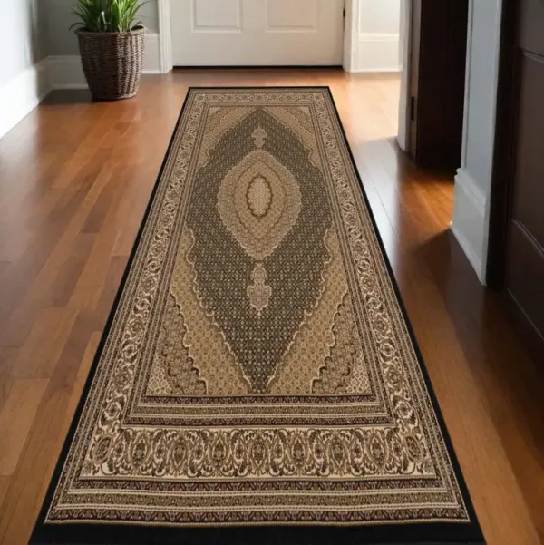 15' x 2.3' Runner Medallion Power Loom Runner Rug - Beige And Black