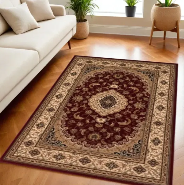 5' x 8' Floral Medallion Power Loom Area Rug - Red And Beige