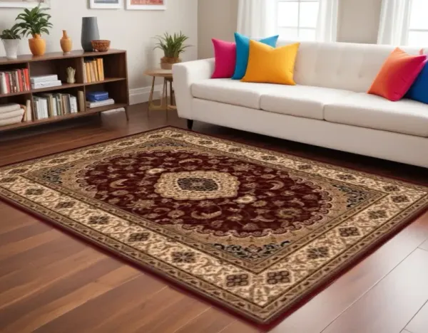 8' x 11' Floral Medallion Power Loom Area Rug - Red And Beige