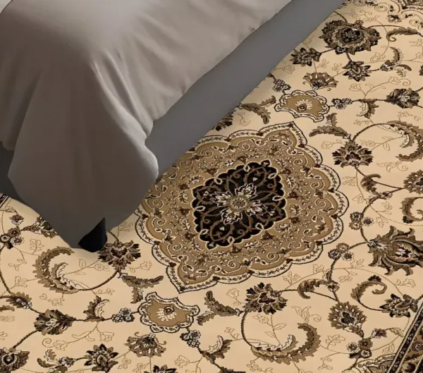 5.3' x 5.3' Round Oriental Power Loom Olefin Area Rug - Cream