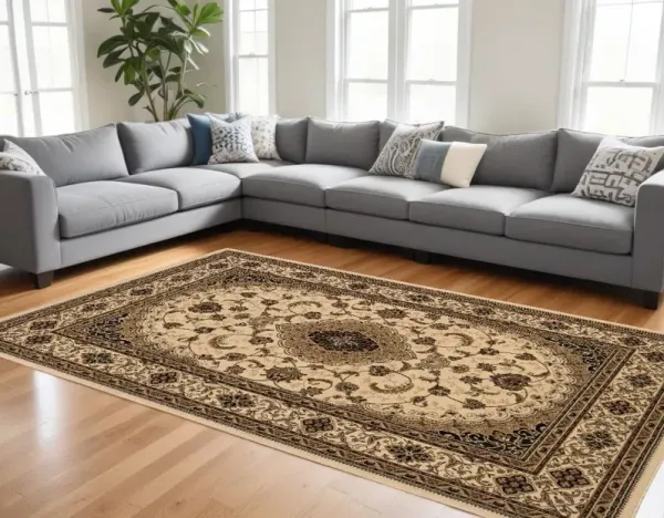 7' x 9' Floral Medallion Power Loom Area Rug - Beige And Black