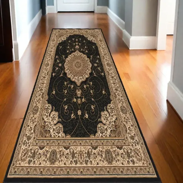13' x 2.3' Runner Medallion Power Loom Runner Rug - Black And Beige