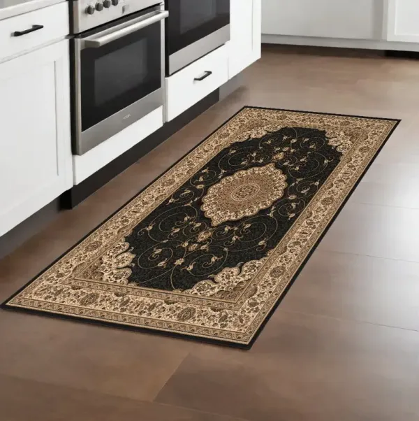 8' x 2.3' Runner Medallion Power Loom Runner Rug - Beige And Black
