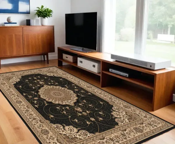 6.5' x 9.3' Medallion Power Loom Area Rug - Beige And Black