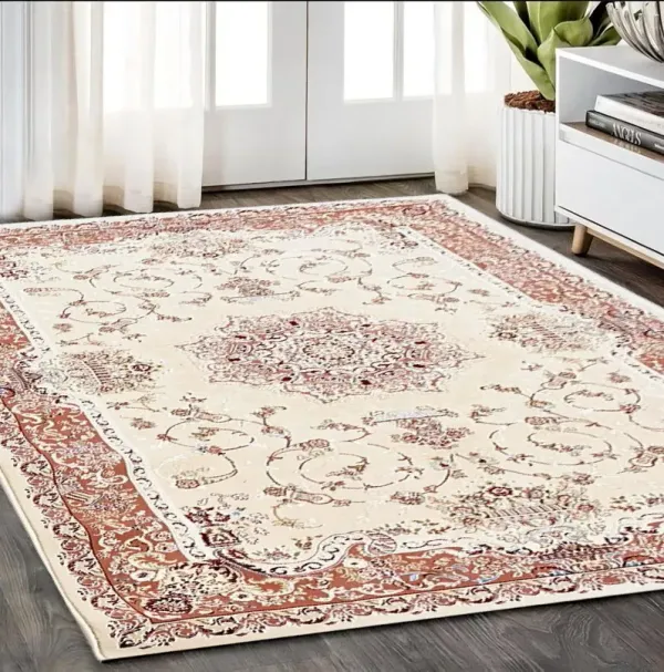 5' x 8' Oriental Power Loom Area Rug - Orange And Ivory