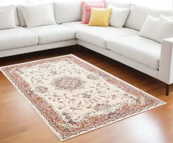 8' x 11' Oriental Power Loom Area Rug - Orange And Ivory