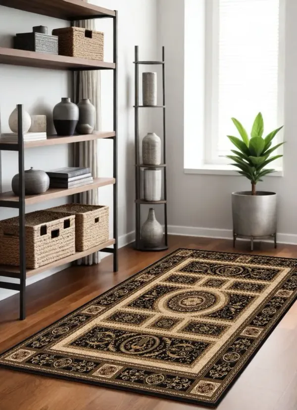 4' x 6' Oriental Power Loom Area Rug - Beige And Black
