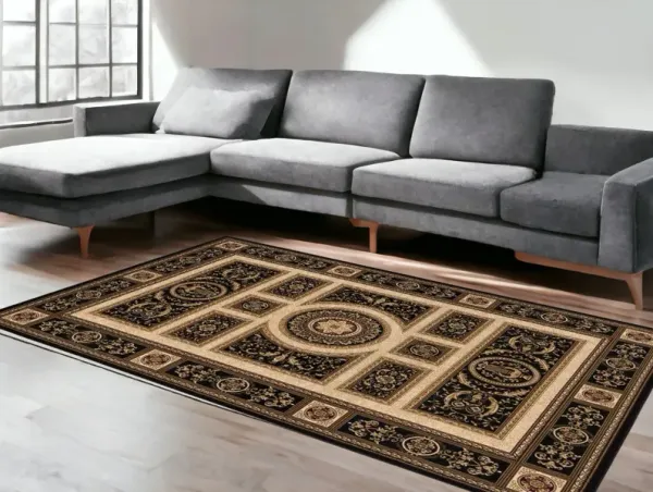 7' x 9' Oriental Power Loom Area Rug - Beige And Black
