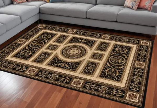 7.8' x 10.7' Oriental Power Loom Area Rug - Beige And Black