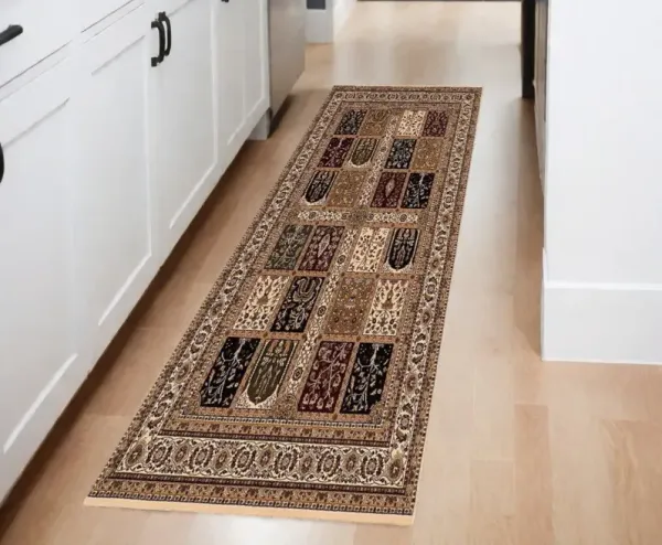 8' Runner Oriental Power Loom Runner Rug - Beige And Black
