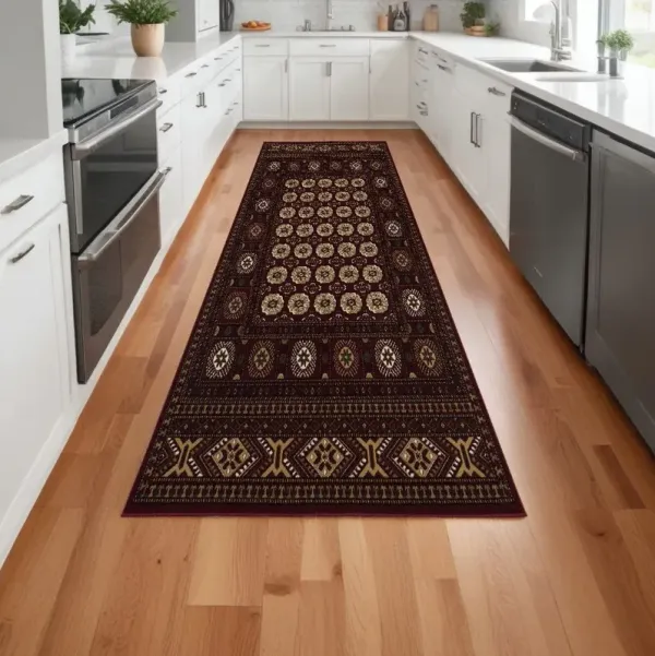 10' x 2.7' Runner Floral Medallion Power Loom Runner Rug - Red And Ivory