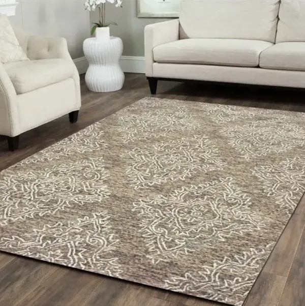 9' x 12' Damask Area Rug - Khaki And White