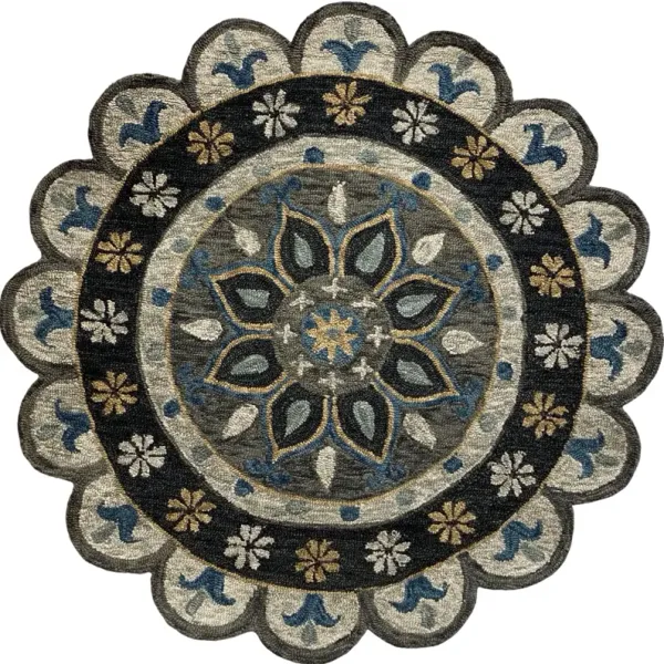 5' Round Wool Hand Hooked Handmade Area Rug - Gray