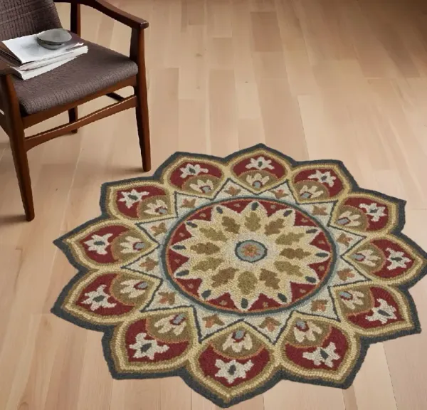 4' Round Decorative Petaled Edge Area Rug - Red
