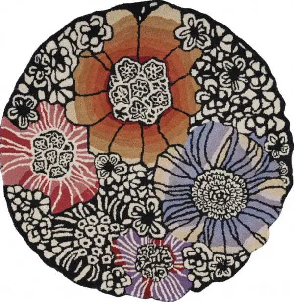 4' Round Floral Area Rug - Red And Black