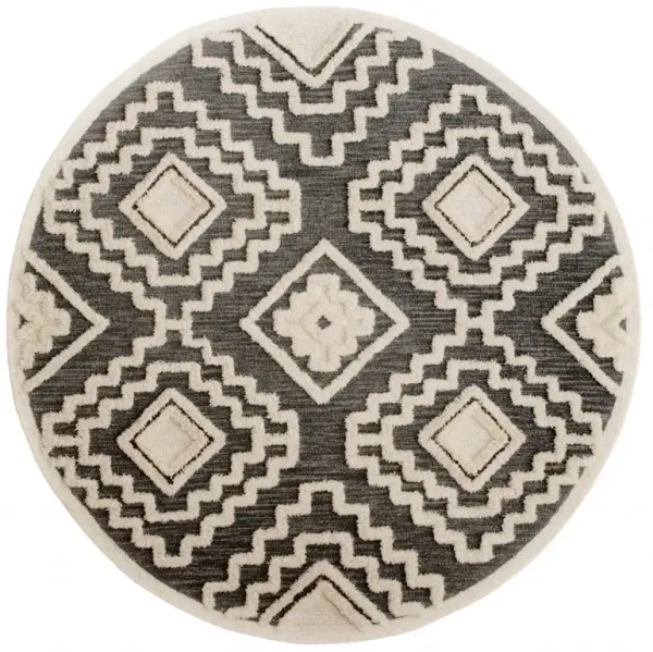 6' Round Geometric Area Rug - Gray And Cream
