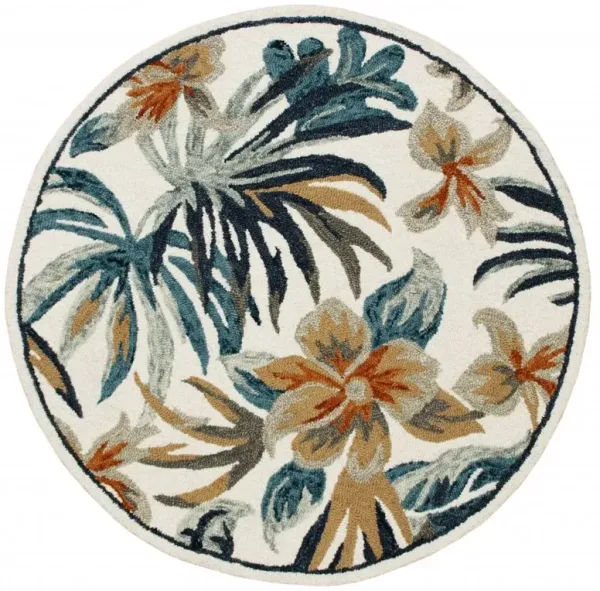 4' Round Tropical Area Rug - Blue And White