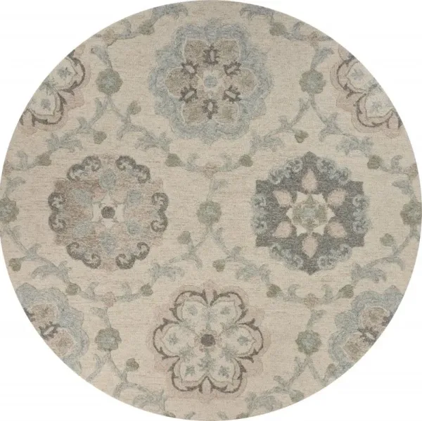 5' Round Wool Hand Tufted Area Rug - Blue And Ivory