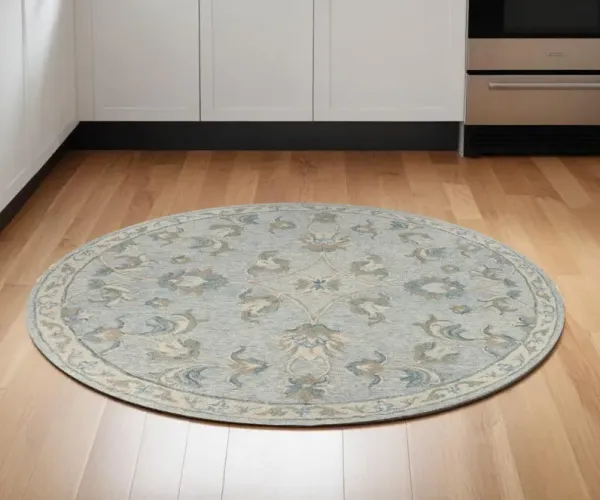 4.8' x 4.8' Round Wool Hand Tufted Area Rug - Blue And Ivory