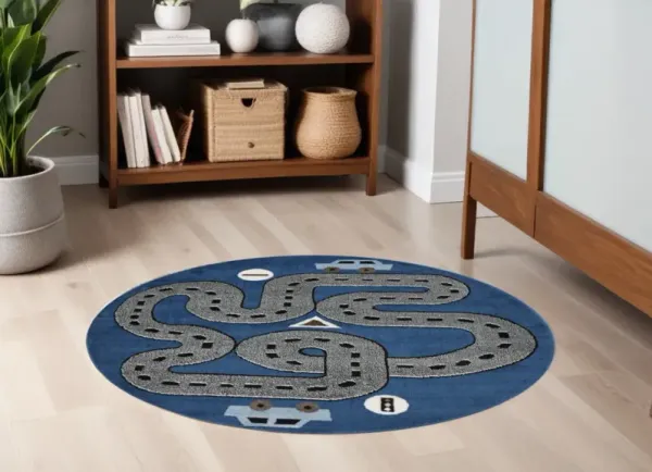 5' Round Imaginative Racetrack Area Rug - Navy