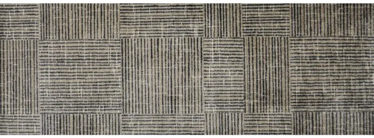 2' x 6' Modern Geo Lines In Squares Washable Runner Rug - Gray Black