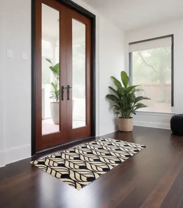 2' x 4' Abstract Leaves Washable Floor Mat - Graphite And Tan