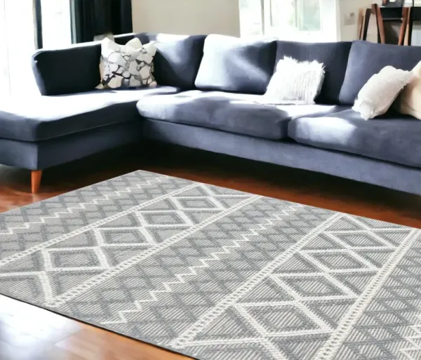 8' x 11' Geometric Handmade Area Rug - Gray And Ivory