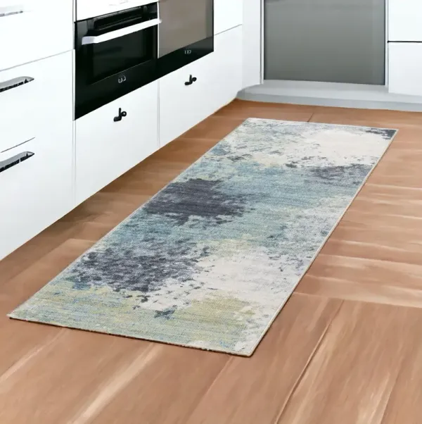 7' x 2' Runner Abstract Runner Rug - Blue And Ivory