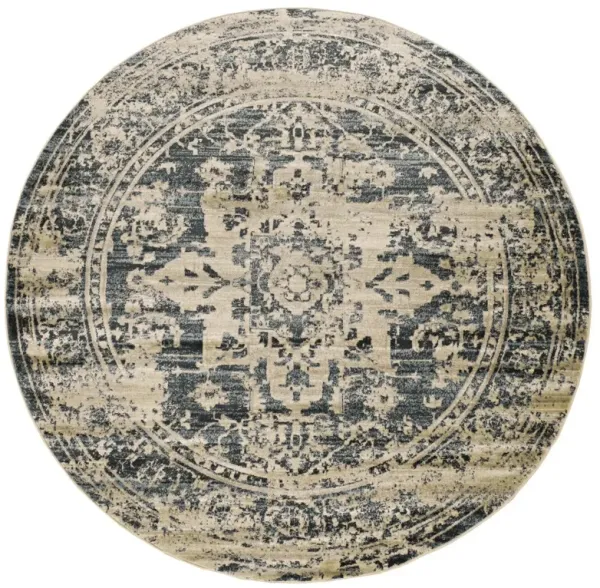 8' Oriental Distressed Round Rug - Ivory And Blue