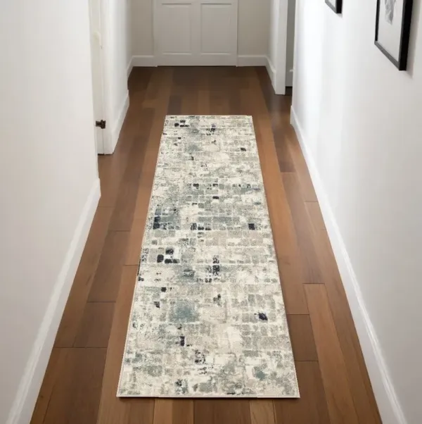 7.9' x 2.2' Runner Abstract Runner Rug - Blue And Beige
