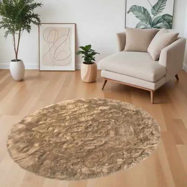 6' x 6' Round Faux Fur Washable Non Skid Area Rug - Tan