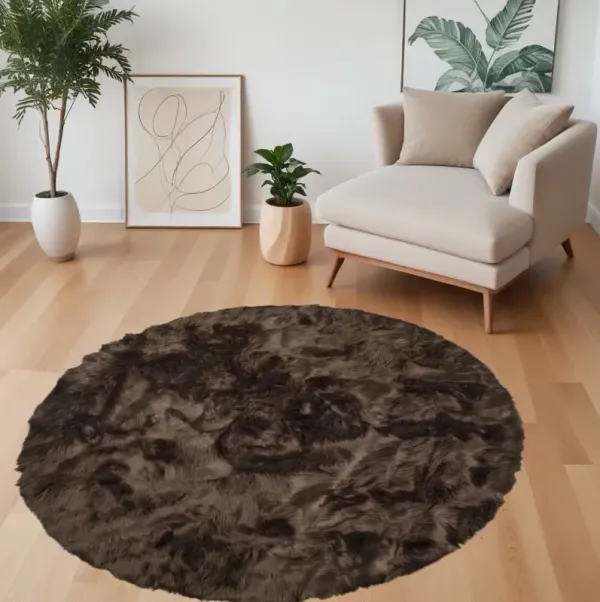 6' x 6' Round Faux Fur Washable Non Skid Area Rug - Chocolate