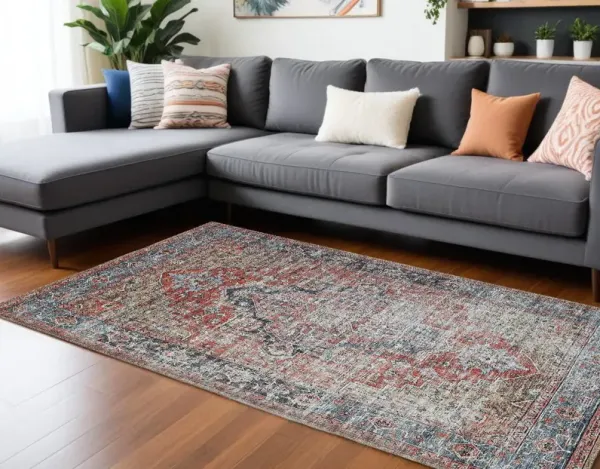 8' x 10' Oriental Power Loom Distressed Washable Area Rug - Blue And Ivory