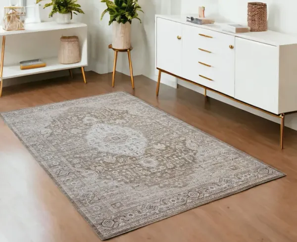 4' x 6' Oriental Power Loom Distressed Area Rug - Beige