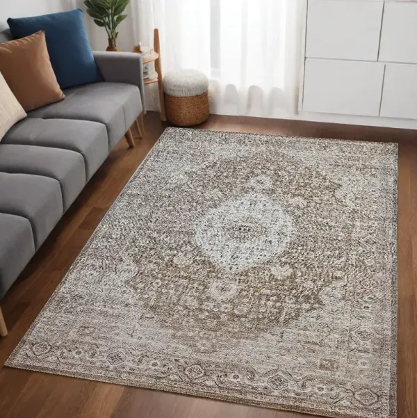 5' x 8' Oriental Power Loom Distressed Stain Resistant Area Rug - Beige