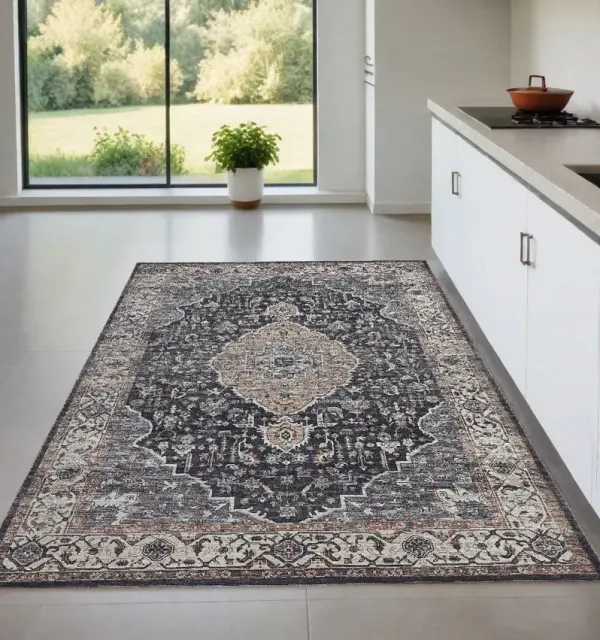 4' x 6' Oriental Power Loom Stain Resistant Area Rug - Black