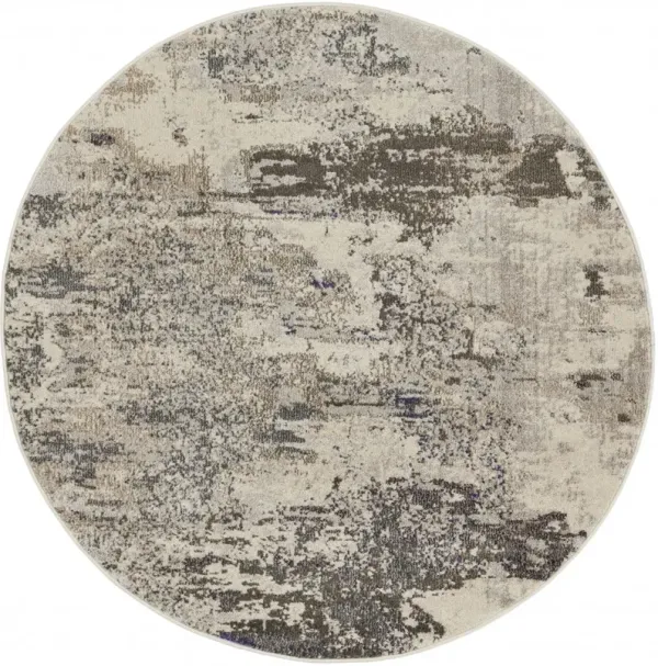 5' x 5' Round Abstract Power Loom Non Skid Area Rug - Ivory And Gray