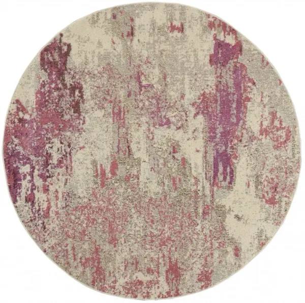 8' x 8' Round Abstract Power Loom Non Skid Area Rug - Ivory And Pink