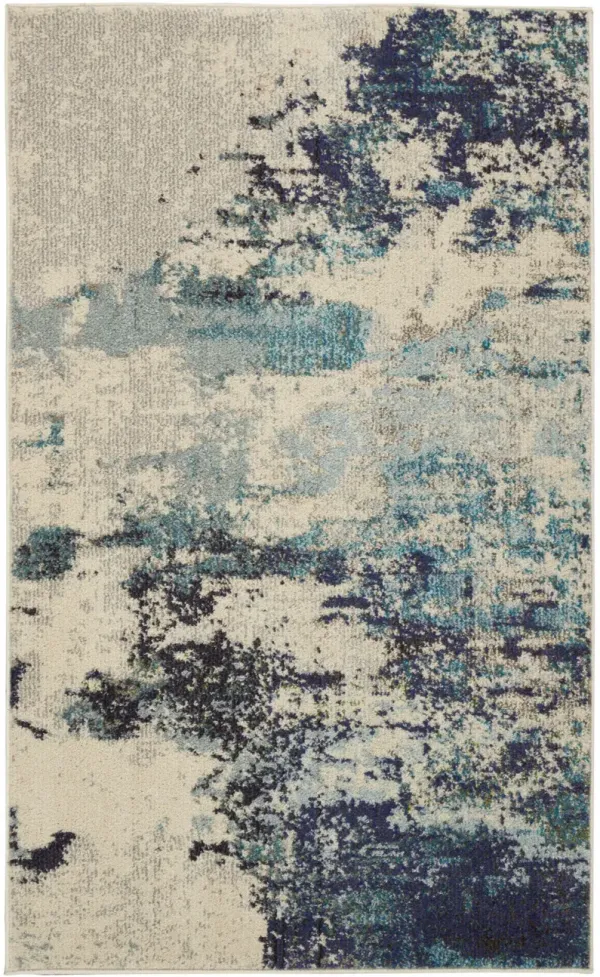 3' x 5' Blue Abstract Power Loom Non Skid Area Rug - Ivory And Teal