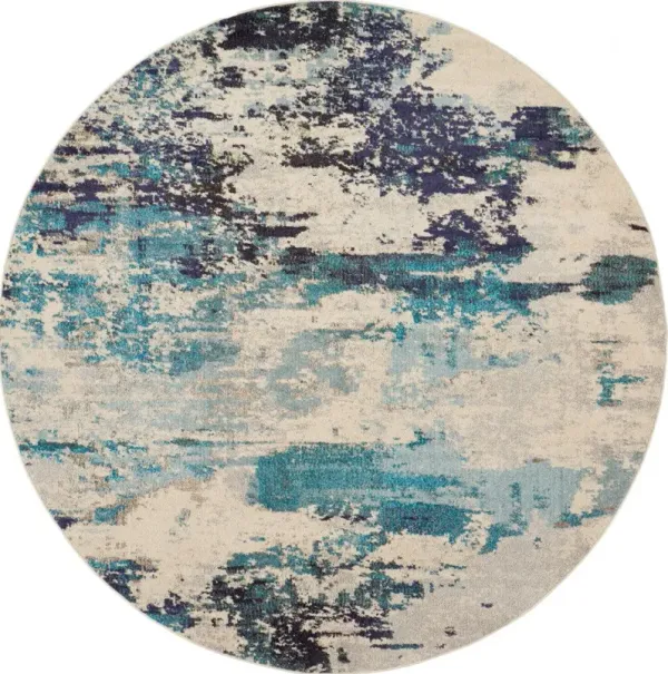 8' x 8' Blue Round Abstract Power Loom Non Skid Area Rug - Ivory And Teal