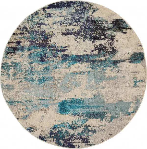 5' x 5' Blue Round Abstract Power Loom Non Skid Area Rug - Ivory And Teal