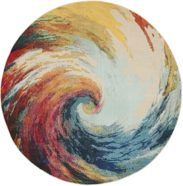 8' x 8' Round Abstract Power Loom Non Skid Area Rug - Yellow Beige