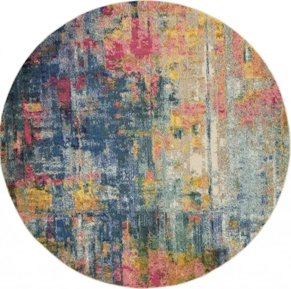 8' x 8' Round Abstract Power Loom Non Skid Area Rug - Blue And Yellow