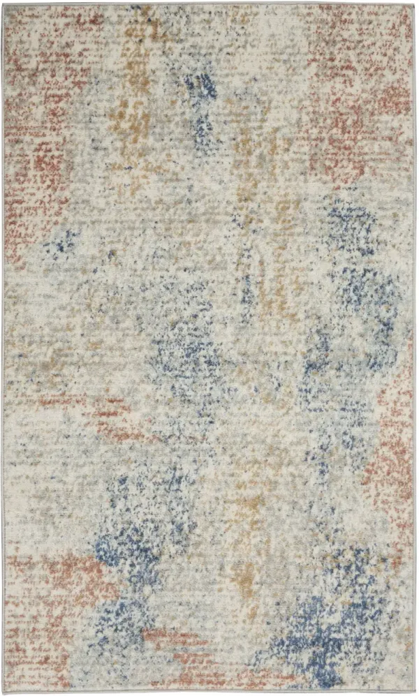 3' x 5' Abstract Power Loom Distressed Non Skid Area Rug - Ivory