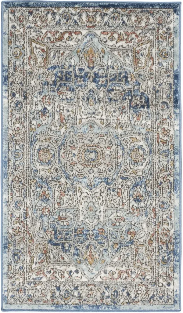 2' x 4' Oriental Power Loom Non Skid Area Rug - Ivory And Blue