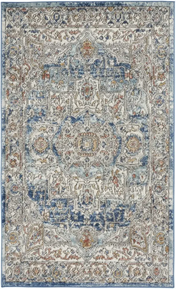 3' x 5' Oriental Power Loom Non Skid Area Rug - Ivory And Blue