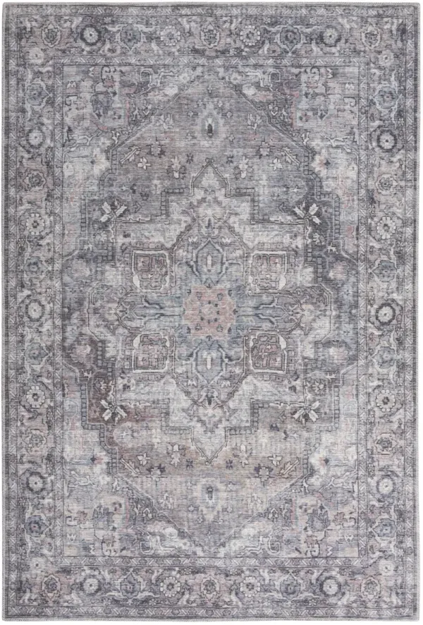 5.3' x 7.3' Oriental Power Loom Distressed Washable Area Rug - Grey